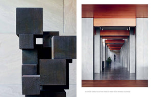 Abstract sculpture on the left and architectural interior on the right