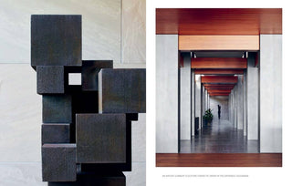 Abstract sculpture on the left and architectural interior on the right