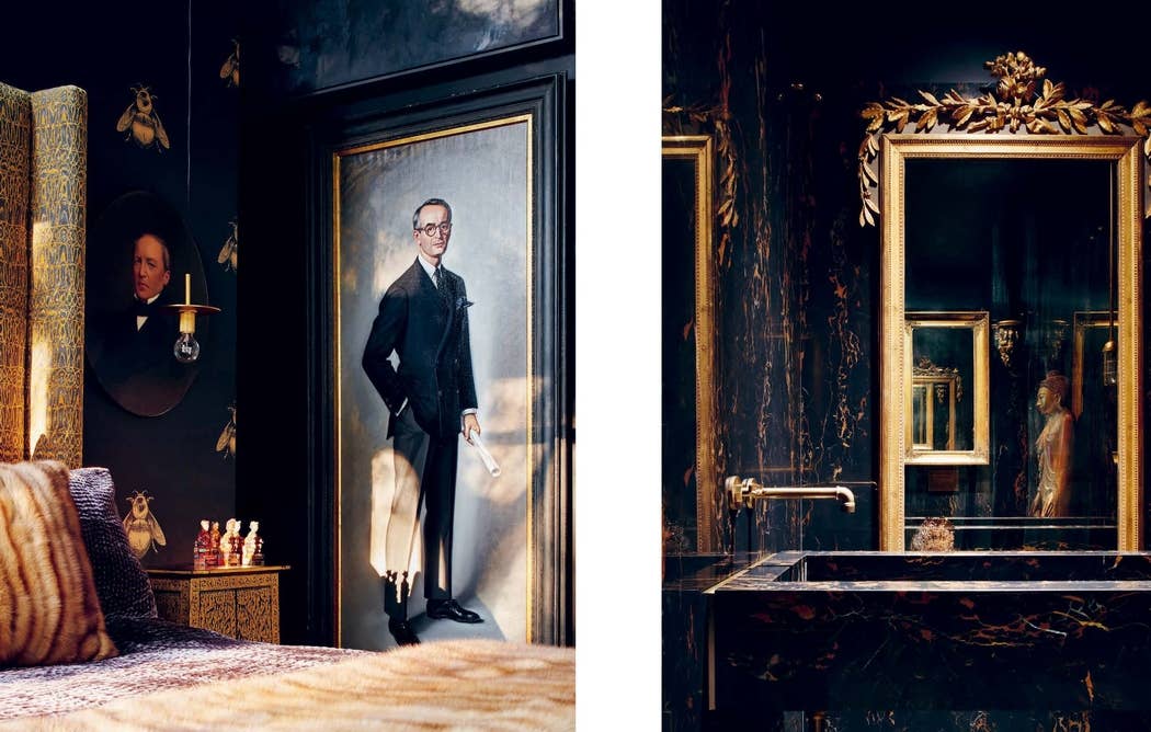 Two framed portraits in a darkly decorated room with ornate mirror.