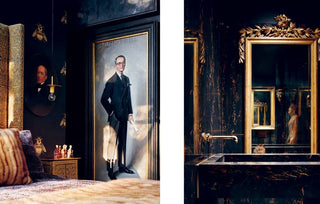 Two framed portraits in a darkly decorated room with ornate mirror.
