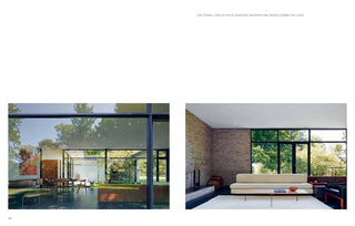 Two modern living room designs with large windows and minimal furniture.