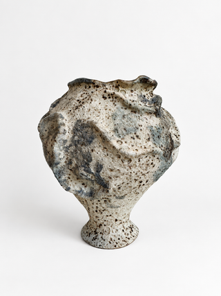 A sculptural ceramic vase with a textured, organic shape and a speckled glaze, photographed against a clean white background.