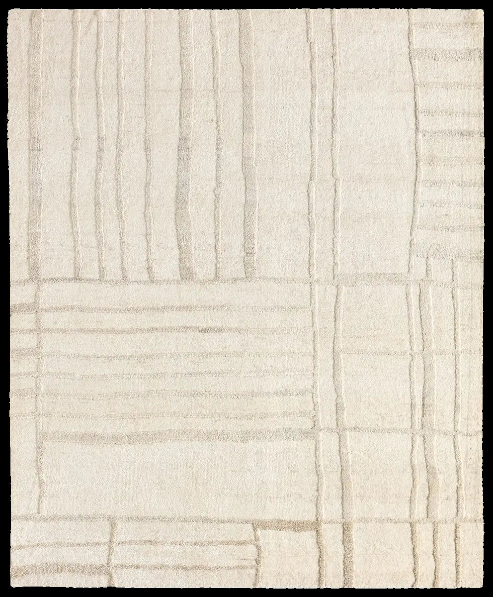 Textured beige wool rug with wavy line 