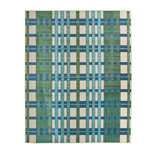 Plaid patterned rug with green, blue, and beige colors on a white background