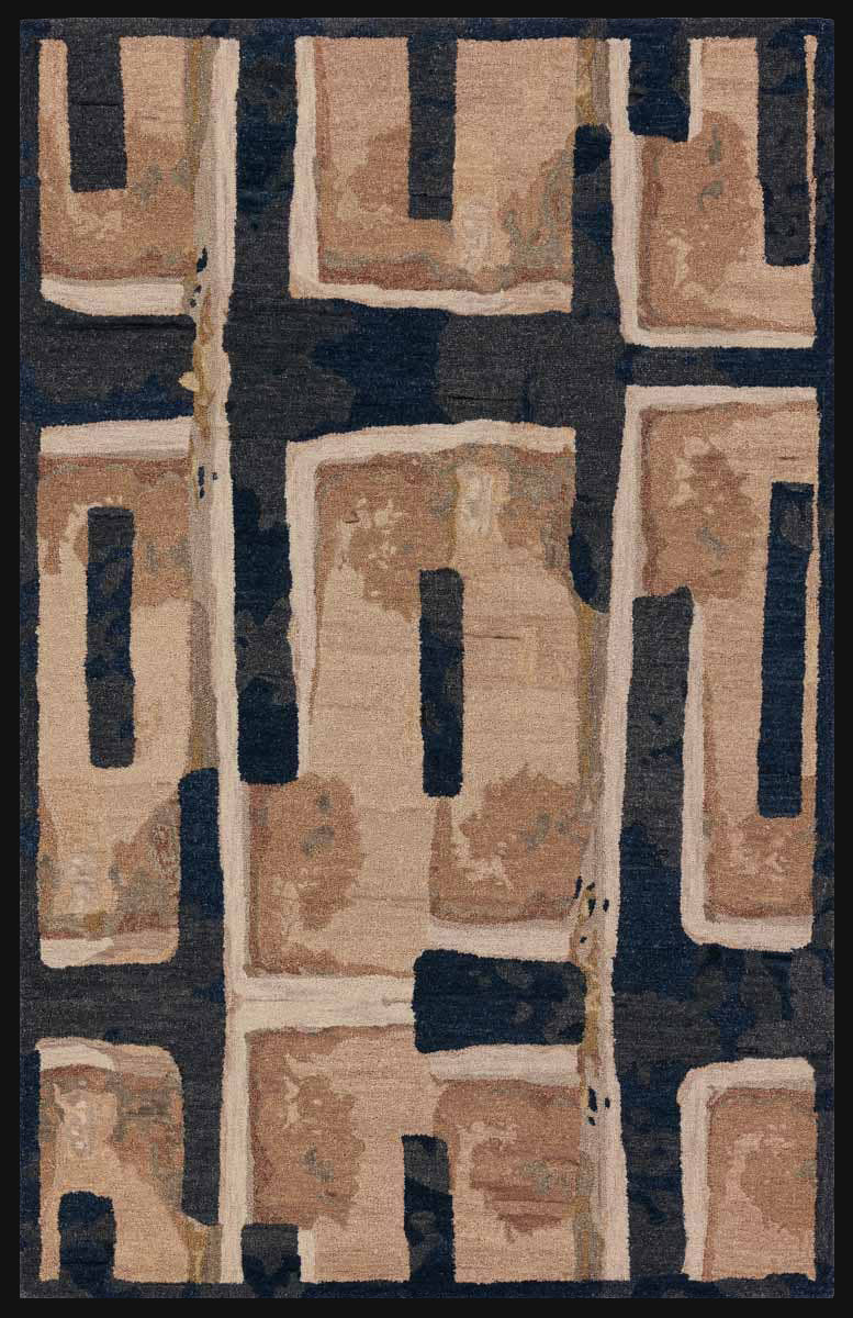 Rug with geometric pattern in brown, black, and beige colors