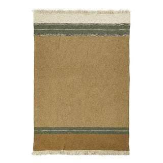 Gold woven throw blanket with striped pattern on a white background