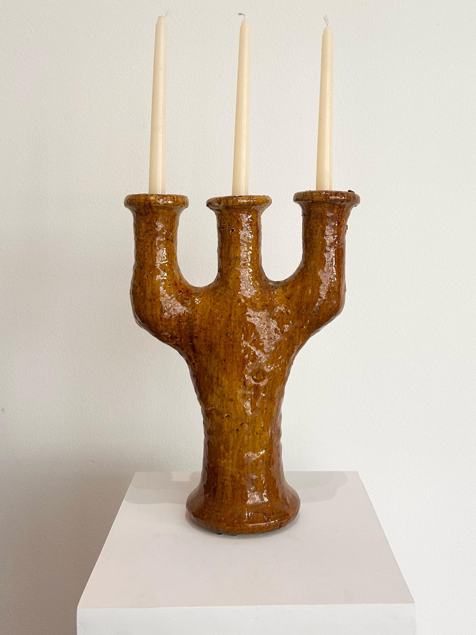 Moroccan mustard color ceramic candelabra