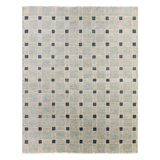 Checkered patterned rug with blue and beige squares on a white background