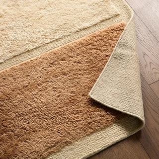 Gradient rug with beige, brown, and green colors on a wooden floor.