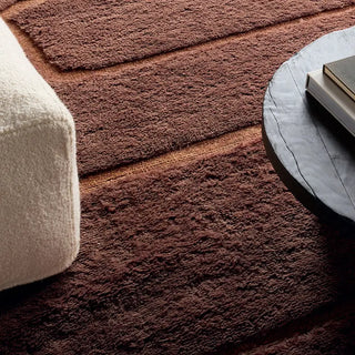 Brown textured rug with a beige sofa and round coffee table in a living room setting.