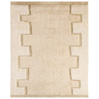 Beige area rug with geometric border on a white background