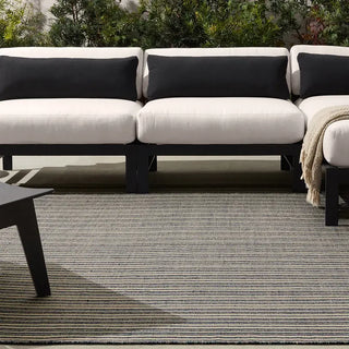 Indoor Outdoor Blue and Beige Striped Rug