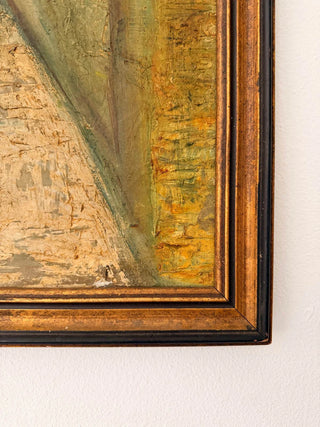 Close-up of a textured painting corner with a wooden frame.