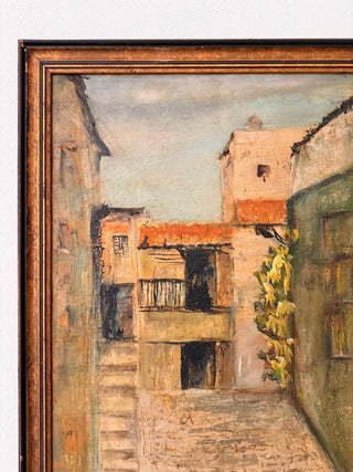 Painting of an urban scene with buildings and a street.