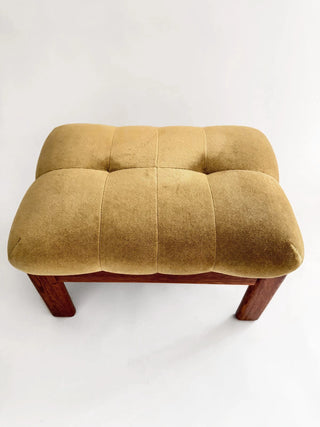 Vintage mid-century modern green fabric upholstered stool with wood legs