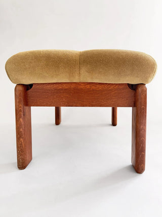 Vintage mid-century modern green fabric upholstered stool with wood legs