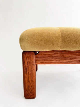 Vintage mid-century modern green fabric upholstered stool with wood legs