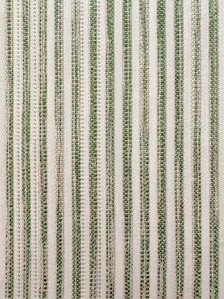 A close-up of a woven fabric texture featuring vertical stripes in olive green and off-white.