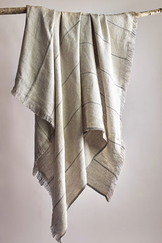 Abans light-weight european linen throw blanket in natural beige color with black stitched stripe handwoven in Barcelona Spain