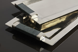 Capa hammered Argentinian alpaca metal  trays in rectangular shape featuring green marble handles
