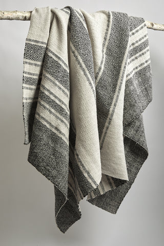 Granada Mexican wool blanket hand-woven on a pedal loom featuring a traditional black and white geometric pattern