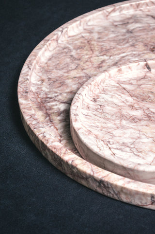 Set of Two Merida Trays hand-carved from Mexican Jaspe Rose Marble featuring bold veining pattern