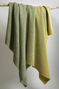 Natural wool throw blanket chevron pattern ombre color effect in light to dark moss green handwoven in Mexico