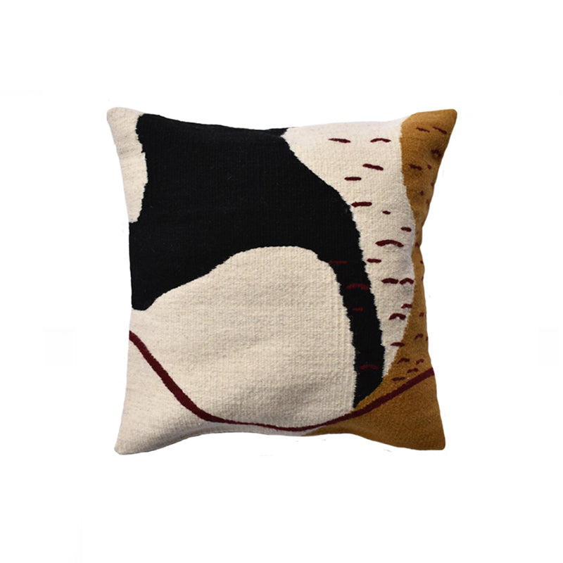Delta square decorative throw pillow in a contemporary organic design in black cream mustard and dark maroon colors hand-woven in wool on a pedal loom in Oaxaca, Mexico.