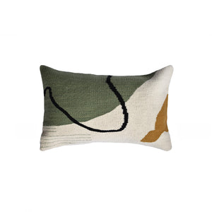 Lago wool decorative throw pillow in a moss mustard black and cream colored contemporary organic pattern rectangular shape hand-woven in Oaxaca Mexico
