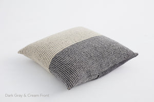 Time decorative square throw pillows gray and cream colors plaid pattern in Merino wool from Provence France handwoven in Barcelona