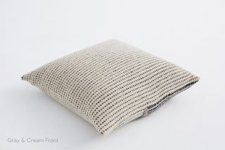 Time decorative square throw pillows gray and cream colors plaid pattern in Merino wool from Provence France handwoven in Barcelona