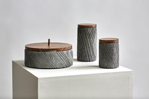 Set of Tanok Volcanic Stone containers decorative home accessory with tzalam wood lid made in Mexico