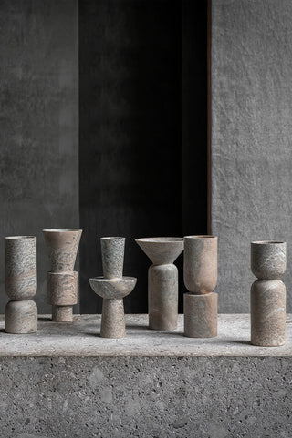 Set of Handmade Brazilian Soapstone totem vases geometric shape carved sculptural art