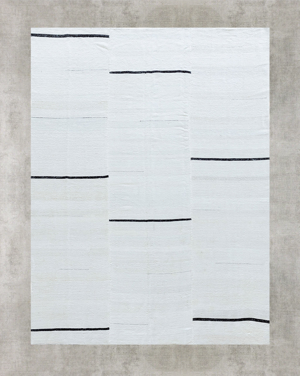 Turkish Anatolian soft ivory and black band patterned area rug handwoven from vintage recycled hemp fibers 