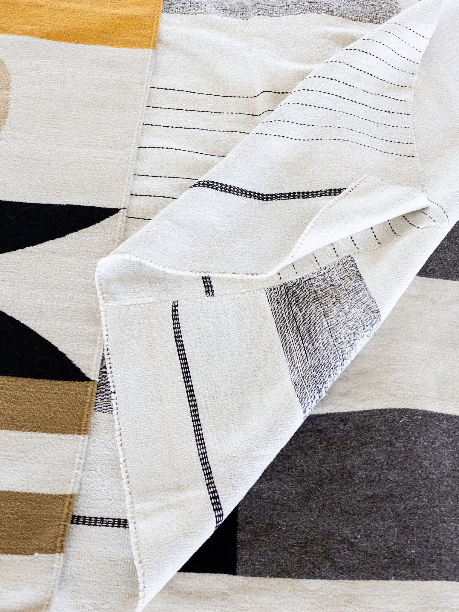 Turkish Anatolian soft ivory and black striped patterned area rug handwoven from vintage recycled hemp fibers
