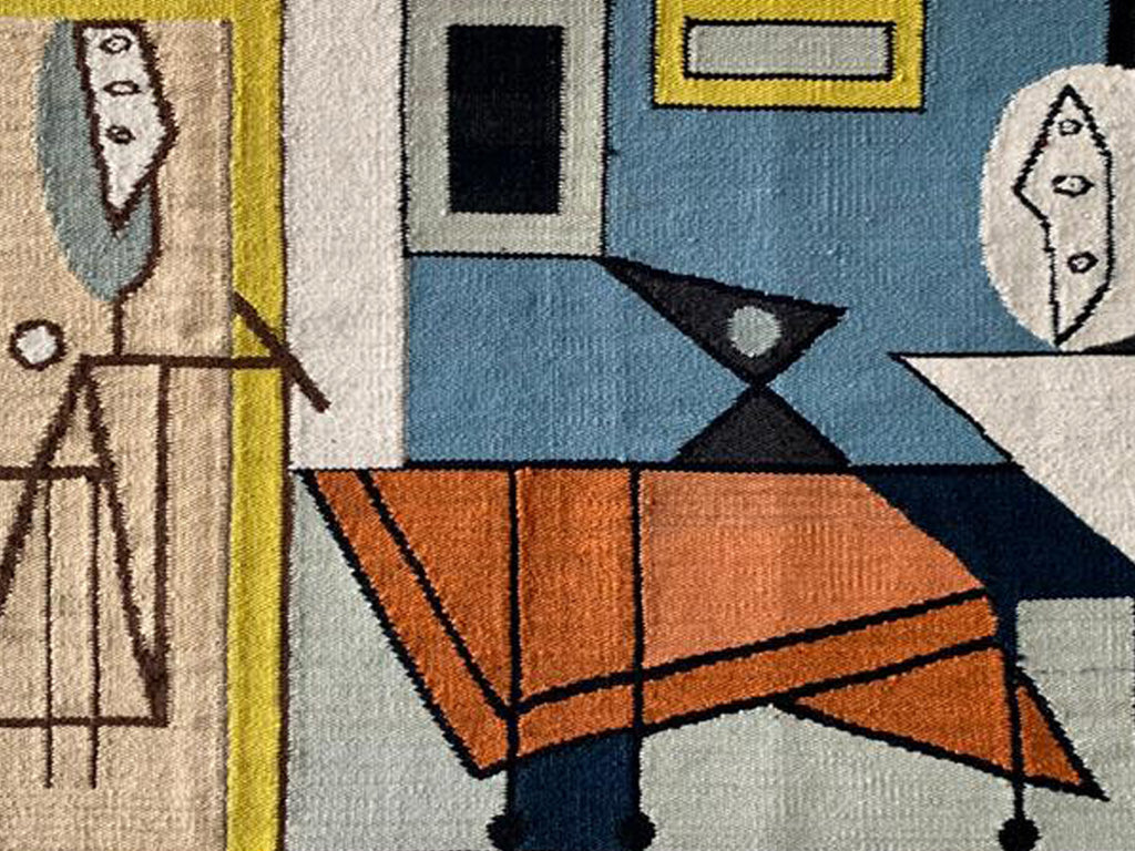 One-Of-A-Kind vintage wall tapestry with Cubist style design handwoven in Mexico in the 1960’s constructed of 100% Wool