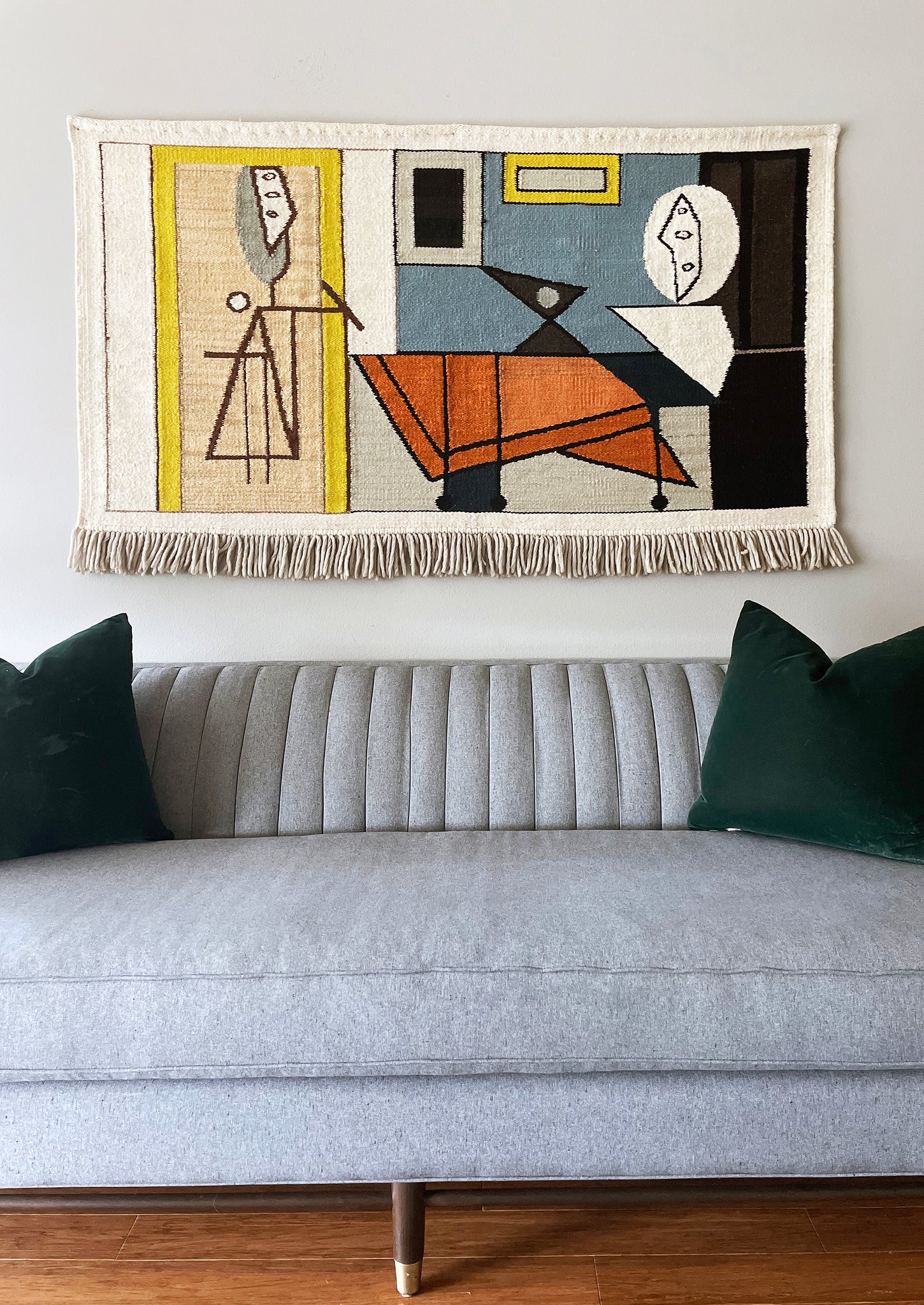 One-Of-A-Kind vintage wall tapestry with Cubist style design handwoven in Mexico in the 1960’s constructed of 100% Wool