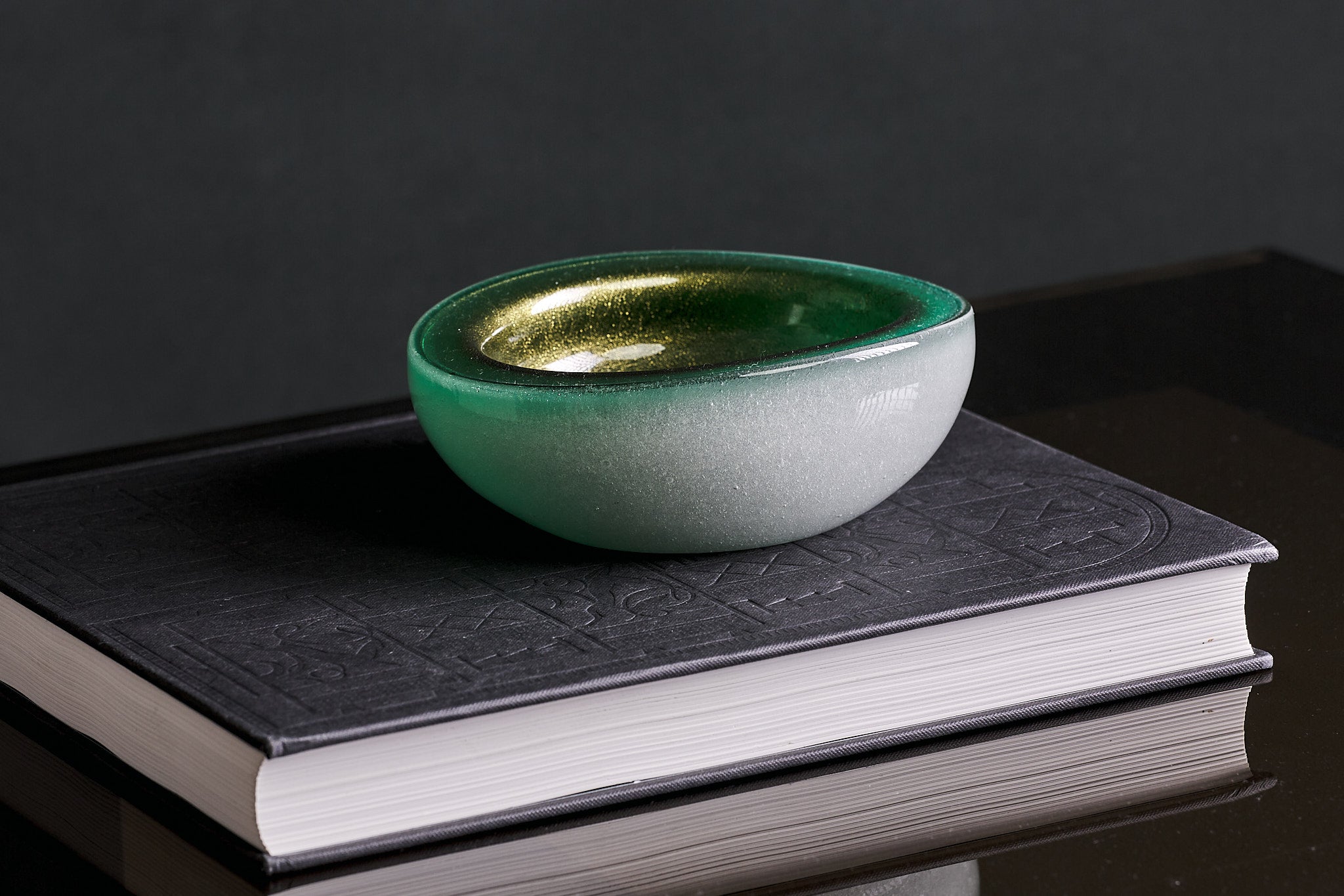 Vintage Italian Murano blown glass bowl Mid-century style in a deep emerald green with gold flecks