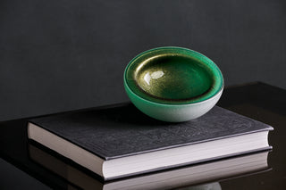 Vintage Italian Murano blown glass bowl Mid-century style in a deep emerald green with gold flecks