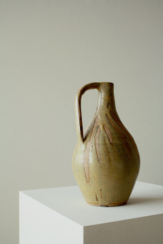 Vintage Mid-century modern studio pottery decorative vase light green glaze and curved handle