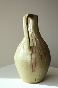 Vintage Mid-century modern studio pottery decorative vase light green glaze and curved handle