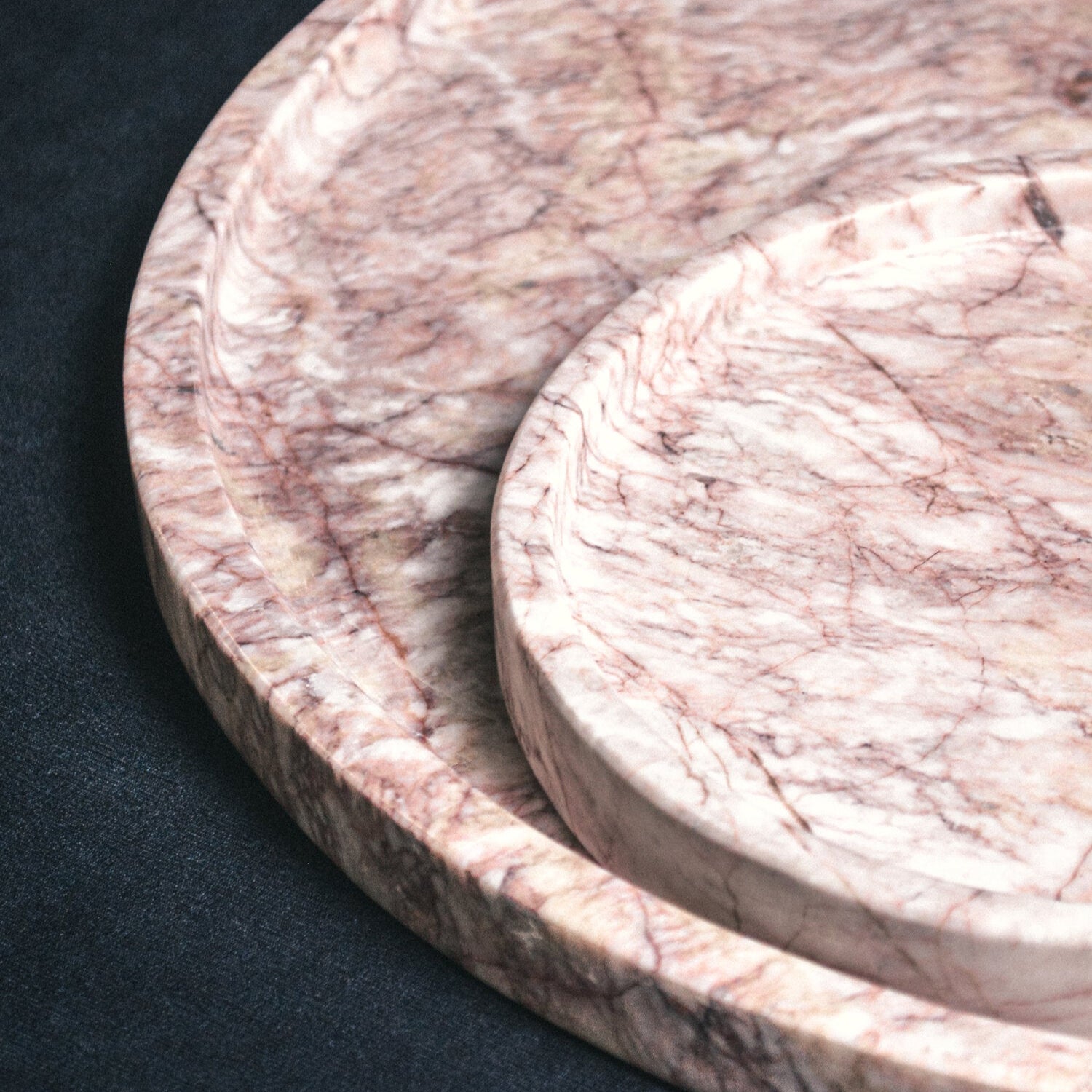 Set of Two Merida Trays hand-carved from Mexican Jaspe Rose Marble featuring bold veining pattern